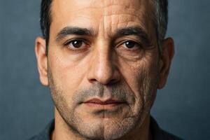 71418136 fechar acima retrato do uma meio envelhecido homem com metade face aparecendo envelhecido e a de outros metade jovem mostrando conceito do envelhecimento foto